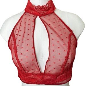 Frederick's of Hollywood Bralette Women Medium Red Sheer Lace Keyhole Halter